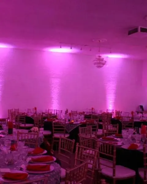 Salle de réception éclairée en rose