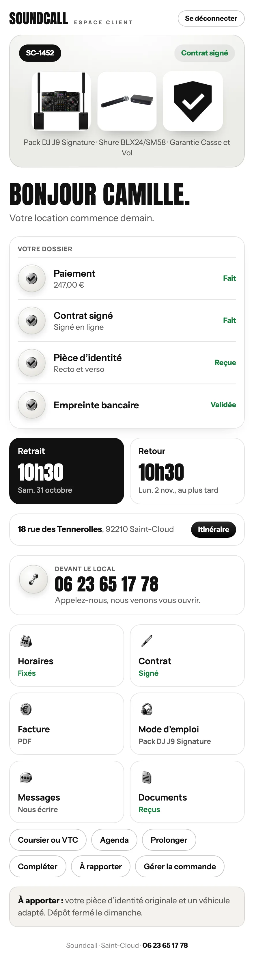 Écran de l’espace client