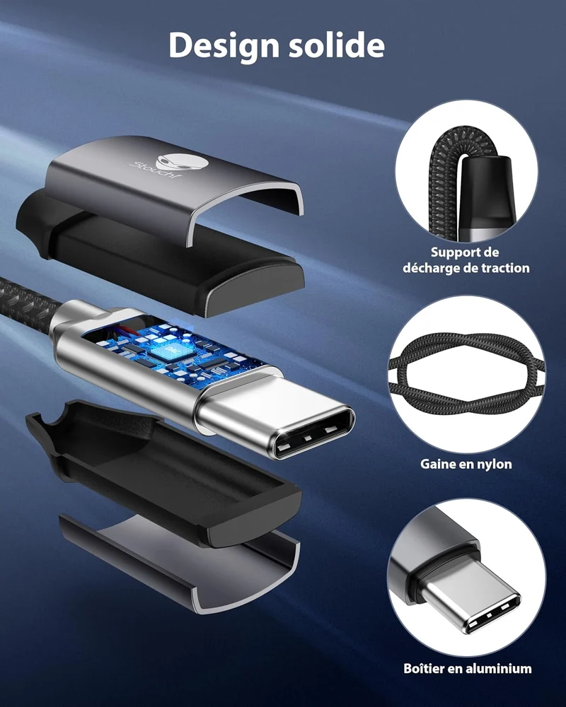Adaptateur USB-C vers jack 3,5 mm, connecteur et gaine nylon