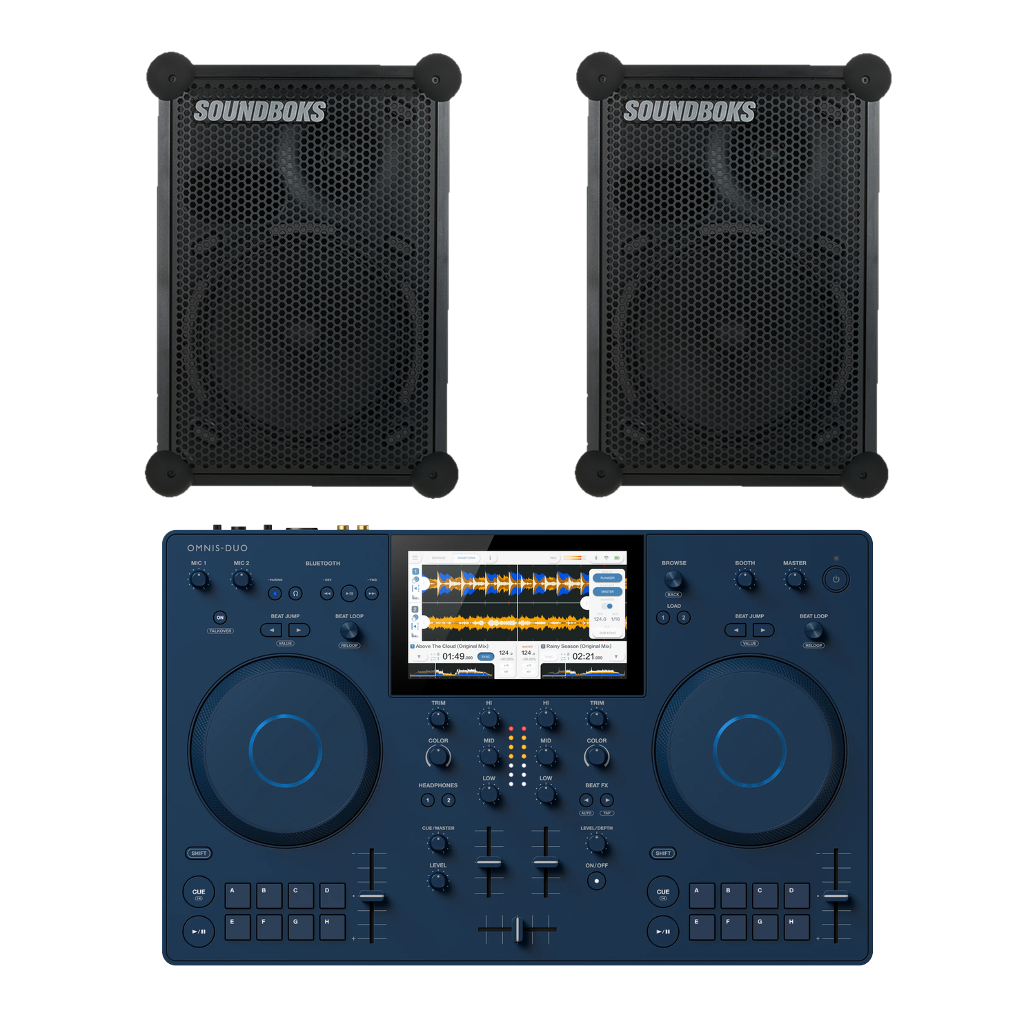 Pack DJ Nomade Mix, régie OMNIS-DUO et 2 enceintes Soundboks sur batterie, location Soundcall